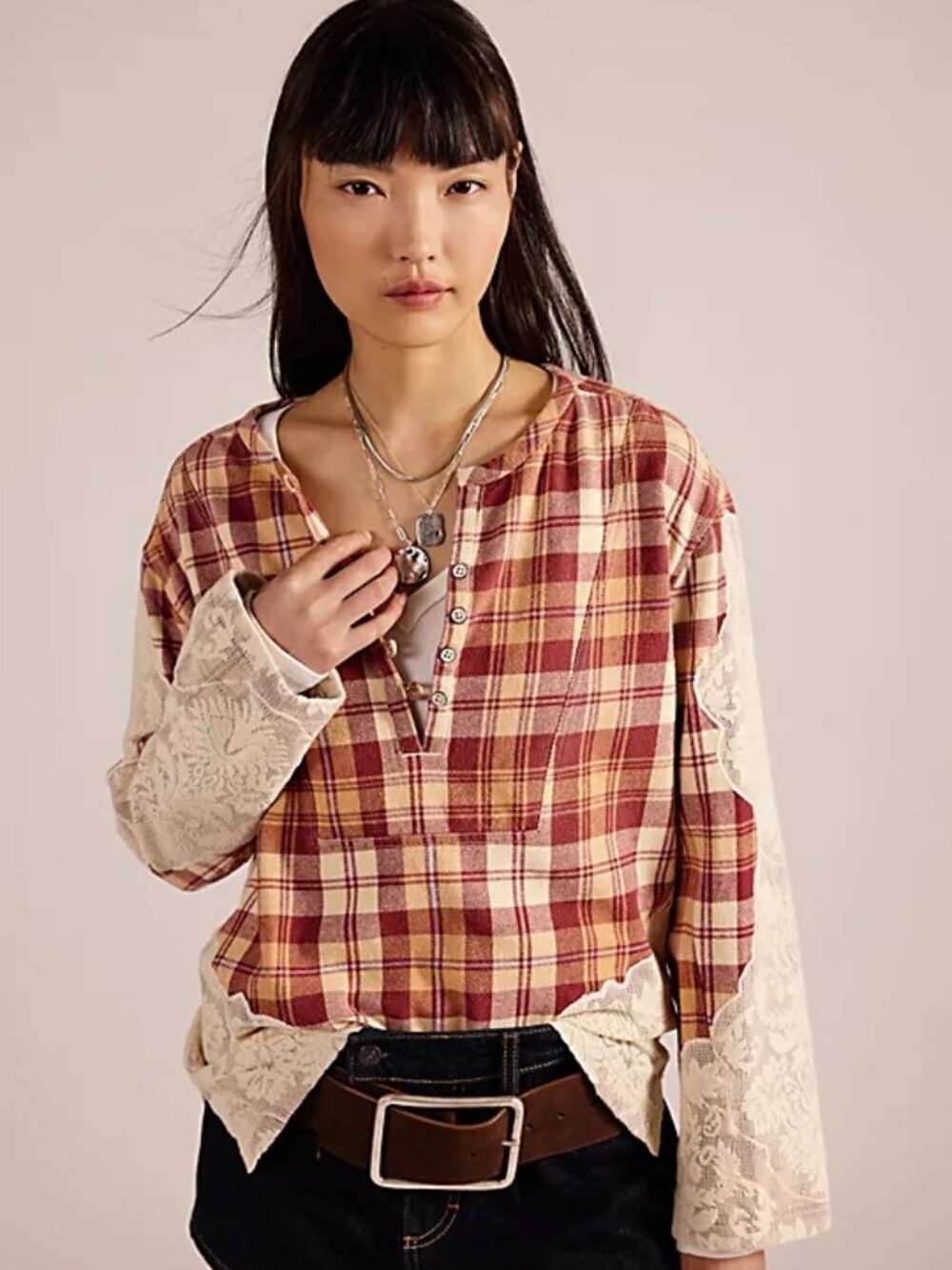 Free People We The Free Sweet Nostalgia Henley Cream Lace Preppy Red Plaid XS